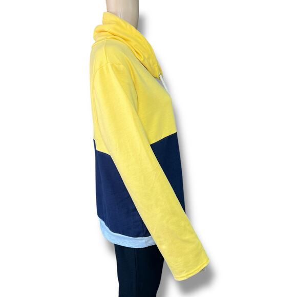 Boutique Womens Sweatshirt Pullover Drawstring Cowl Neck Colorblock Blue Yellow - Picture 2 of 11